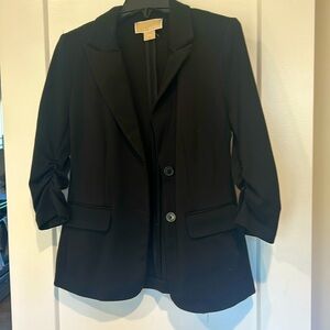 Michael Kors black cotton suit jacket with 3/4 ruche and button cuff detail